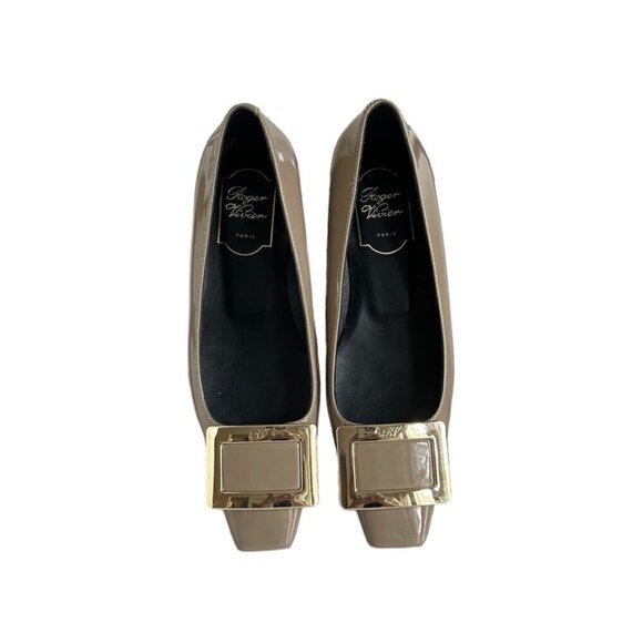 ROGER VIVIER Belle Vivier Patent Leather Neutral Flats With Gold Buckle 37 - Picture 6 of 7